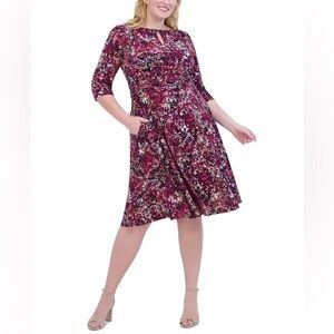 NWT Jessica Howard Ruched Sleeve Printed Keyhole Dress Navy Burgundy Sz 24W Plus